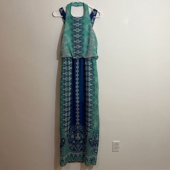 City Triangles S Maxi Dress Y2K Blue Teal Sleeveless Halter Sheer Layer Flowy - Picture 1 of 7